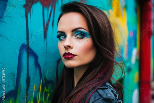 Vibrant portrait of a beautiful woman with turquoise blue eyes and a bold turquoise blue lipstick, posing against a vibrant and colorful graffiti background, generative ai