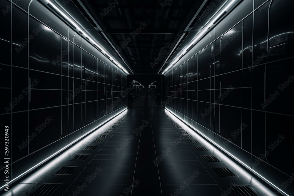 A futuristic corridor with white grid lines on a gray black background. Topics include technology, science fiction, banners, covers, and frames. Generative AI