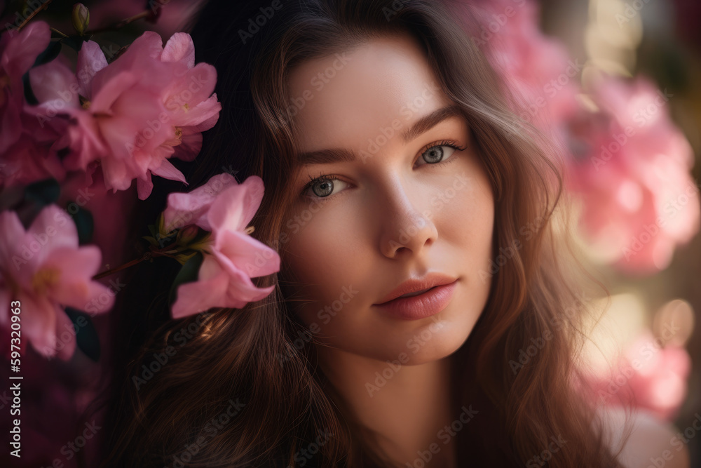 A portrait of a beautiful woman with long flowing hair and rosy cheeks, framed by delicate pink petals and soft natural light, generative ai A portrait of a beautiful woman with long flowing hair and rosy cheeks, framed by delicate pink petals and soft natural light, generative ai