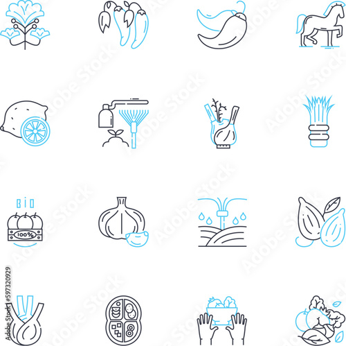 Agribusiness linear icons set. Farming, Livestock, Produce, Irrigation, Fertilizer, Harvest, Cultivation line vector and concept signs. Agronomy,Tractor,Pesticides outline illustrations photo