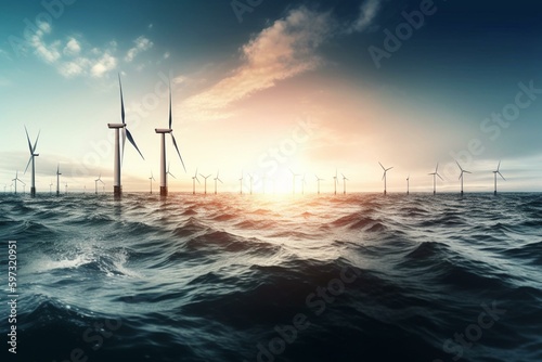 Renewable energy: windmills in water. Generative AI