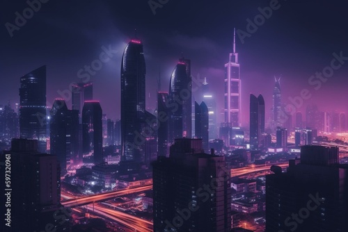 Urban skyline of high-rises illuminated in violet hue. Generative AI