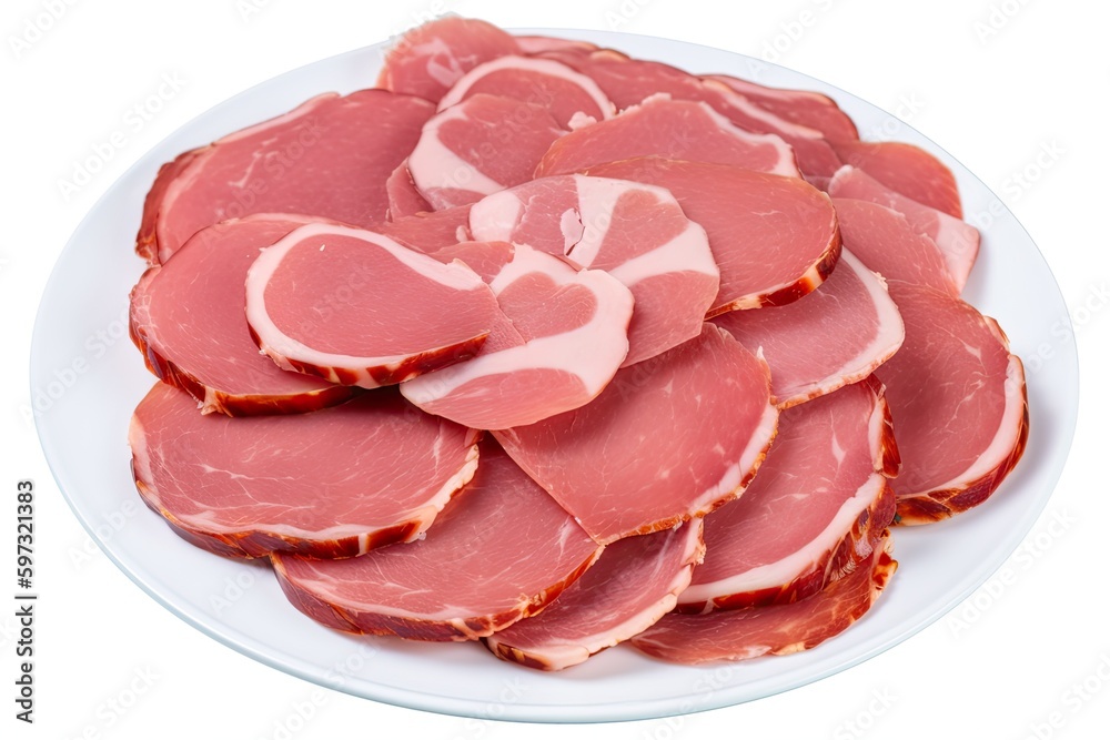 plate of sliced ham on a white background. Generative AI plate of sliced ham on a white background. Generative AI
