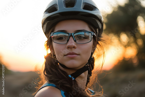 Girl on a mountain bike on offroad, beautiful portrait of a cyclist at sunset, Fitness girl rides a modern carbon fiber mountain bike in sportswear. Generative ai.