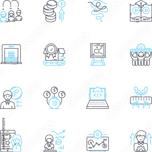 Supervision linear icons set. Oversight, Management, Monitoring, Direction, Guidance, Control, Leadership line vector and concept signs. Authority,Regulation,Administration outline illustrations