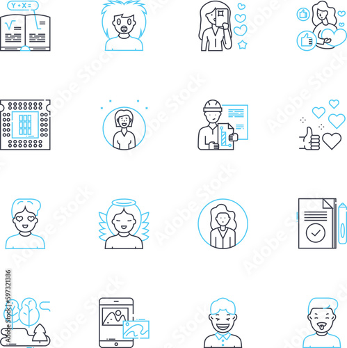 Symposium linear icons set. Discussion , Seminar, Conference, Convention, Dialogue, Debate, Roundtable line vector and concept signs. Conclave,Colloquium,Assembly outline illustrations