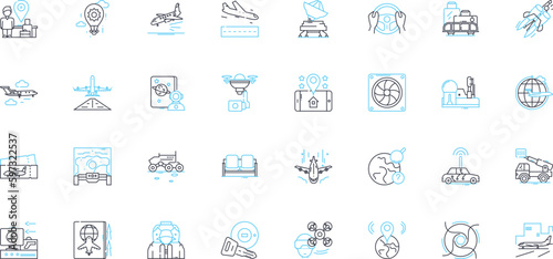 Aviation linear icons set. Aerospace, Airborne, Airline, Airplane, Airway, Altitude, Aviation line vector and concept signs. Boarding,Cabin,Clearance outline illustrations