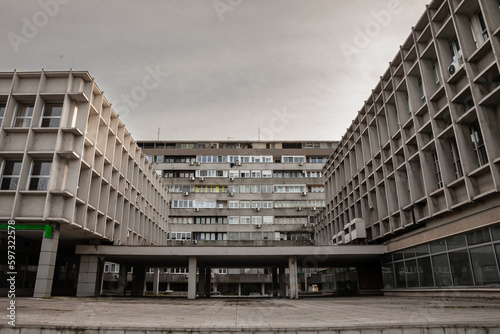 High rise buildings from the district of Blok 21 in Novi Beograd, in Belgrade, Serbia, a traditional communist housing ensemble with a brutalist style typical from Central and Eastern Europe. photo