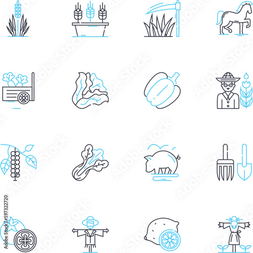 Pasture linear icons set. Grazing, Livestock, Green, Fertile, Meadow, Hay, Grass line vector and concept signs. Open,Land,Field outline illustrations