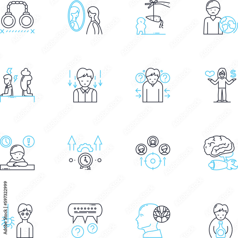 Mental science linear icons set. Psychology, Psychotherapy, Mental health, Cognition, Emotion, Perception, Mood line vector and concept signs. Anxiety,Depression,Stress outline illustrations
