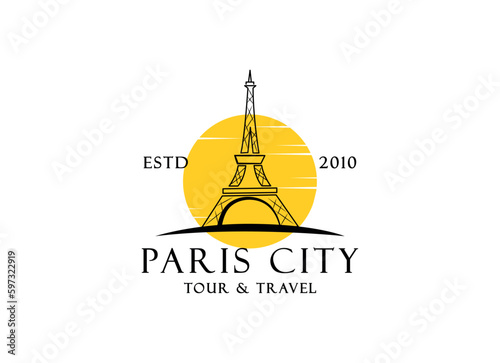 Paris tourist attraction logo design. Paris Eiffel tower travel landmark vector design. Paris famous places logotype