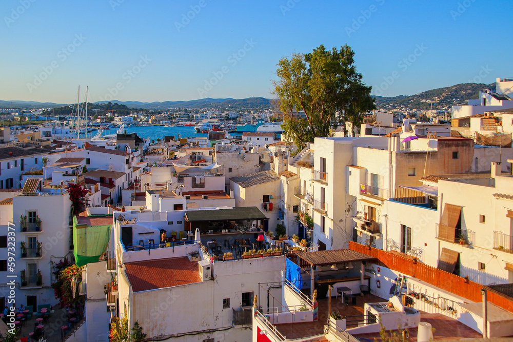 Aerial view of the rooftops of the old town of Eivissa, the capital of Ibiza in the Balearic Islands, Spain