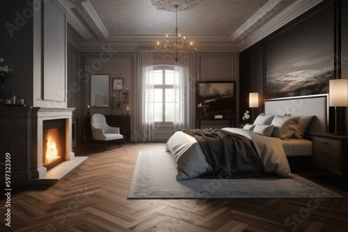 Elegant bedroom with wood flooring & fireplace. Generative AI