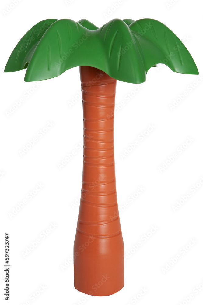 Toy plastic palm tree with green leaves and terracotta trunk on a