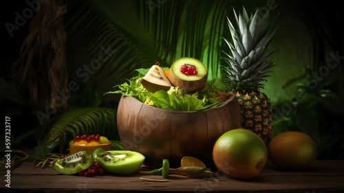 A tropical green smoothie in a coconut shell, surrounded by vibrant tropical fruits like pineapple, mango, and kiwi