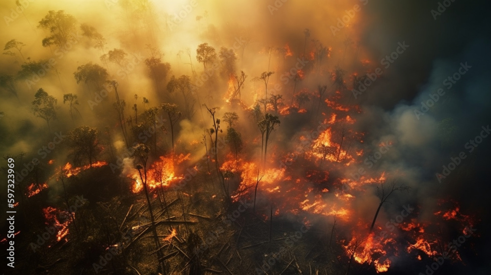 Apocalyptic aerial view of Amazon rainforest ablaze Generative AI - obrazy, fototapety, plakaty 