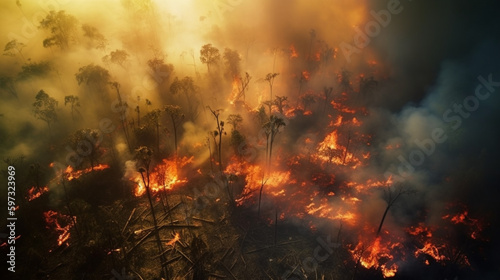 Apocalyptic aerial view of Amazon rainforest ablaze Generative AI