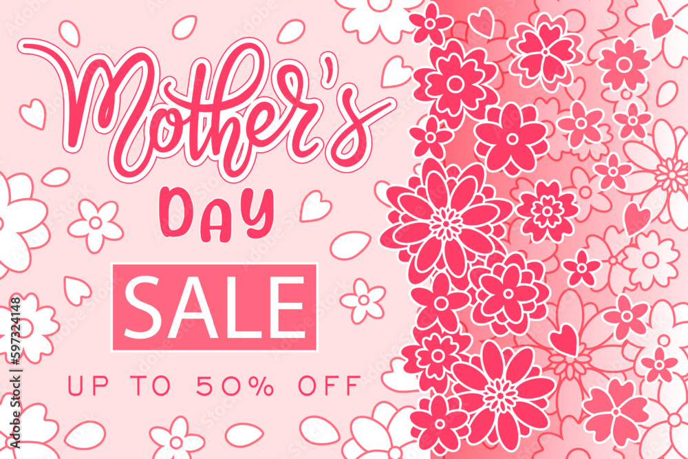 Fototapeta premium Mother's Day sale banner with red and white flowers. Elegant hand written lettering on light pink background. Vector illustration for spring poster, greeting card or sale banner design. 