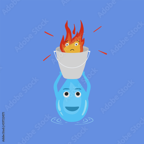 Illustration of water lifting a bucket filled with fire. Flat vector