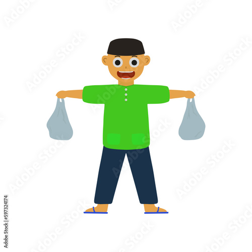 Little boy brings snacks. skullcap, sandals. Ramadan kareem photo