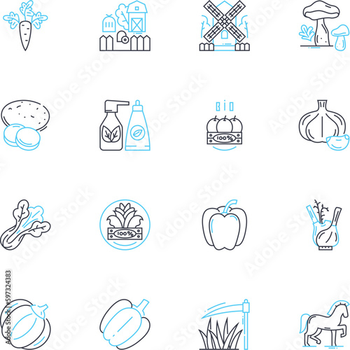 Eco-friendly farming linear icons set. Sustainable, Organic, Composting, Agroforestry, Permaculture, Biodiversity, Aquaponics line vector and concept signs. Crop rotation,Vermiculture,Regenerative