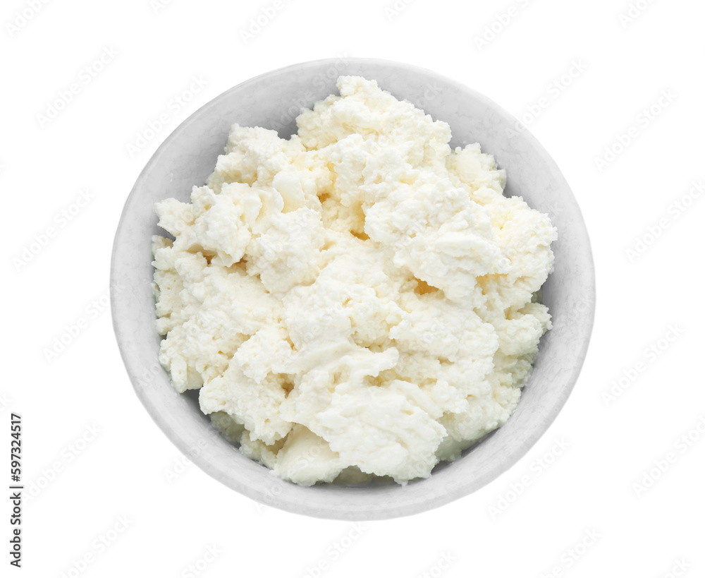 Delicious tofu cream cheese in bowl isolated on white, top view Delicious tofu cream cheese in bowl isolated on white, top view