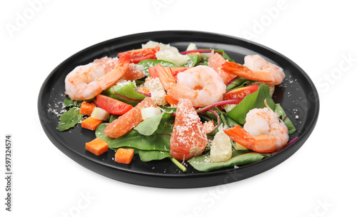 Delicious salad with pomelo, shrimps and tomatoes in plate on white background