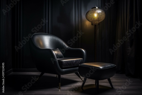 Modern black leather armchair with matching stool and lamp for an elegant touch. Generative AI