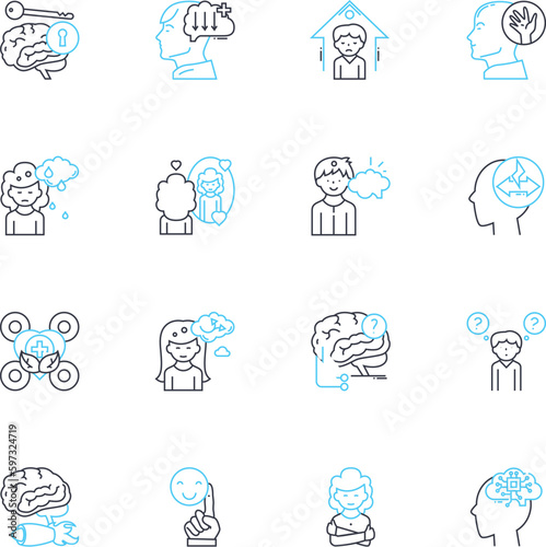 Cognitive Ability linear icons set. Intelligence, Comprehension, Memory, Perception, Reasoning, Logic, Attention line vector and concept signs. Focus,Learning,Understanding outline illustrations