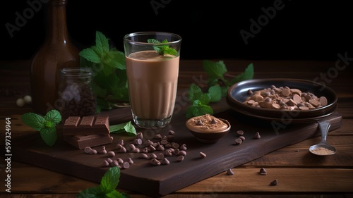 A glass of chocolate peanut butter smoothie placed on a wooden table, surrounded by ingredients like cocoa powder, peanut butter, and chocolate chips