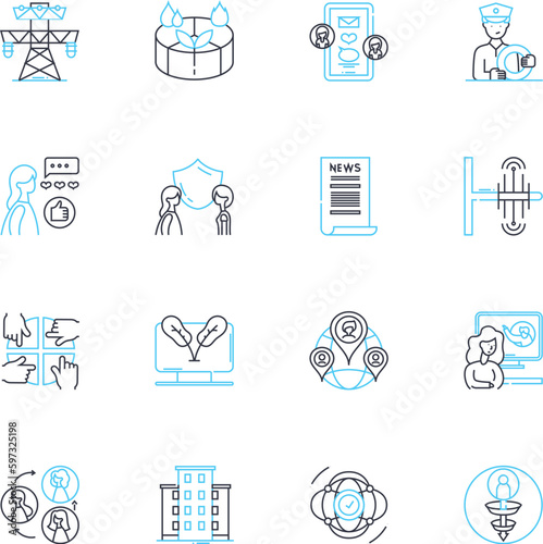 Community engagement linear icons set. Participation, Collaboration, Involvement, Connection, Empowerment, Interaction, Outreach line vector and concept signs. Partnership,Communication,Advocacy