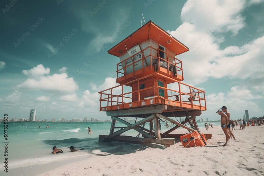 Miami beach rescue tower with lifeguard watching over swimmers to prevent danger and drowning. Generative AI