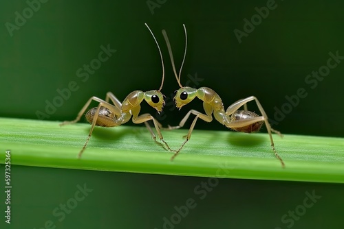 two ants standing on a green leaf. Generative AI © 2rogan