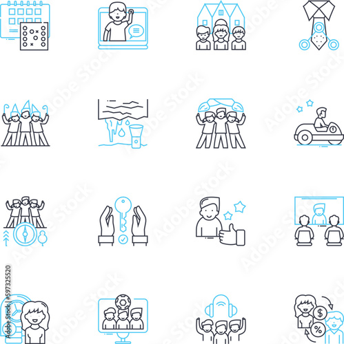 Cooperation and assistance linear icons set. ollaboration, Support, Partnership, Unity, Synergy, Teamwork, Coordination line vector and concept signs. Cohesion, Symbiosis, Harmonization outline