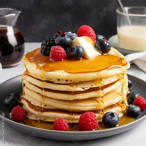 Pancakes with syrup and berries, a delicious breakfast