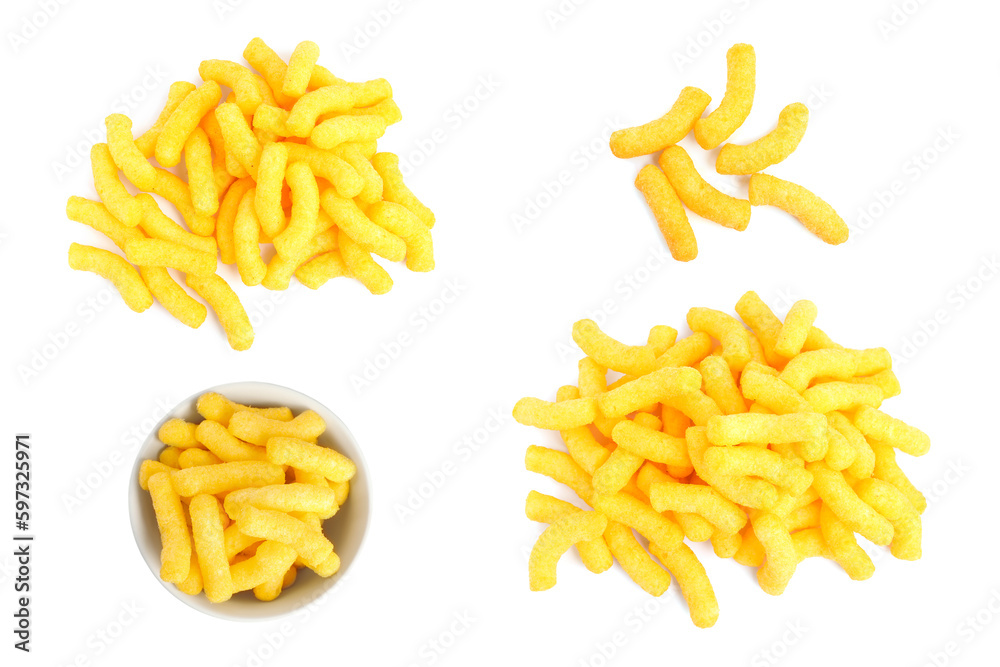 Collage of tasty corn sticks on white background, top view
