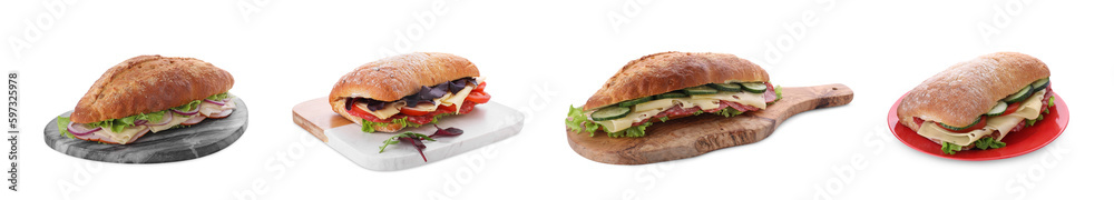 Set with different delicious sandwiches on white background Set with different delicious sandwiches on white background