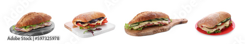 Set with different delicious sandwiches on white background