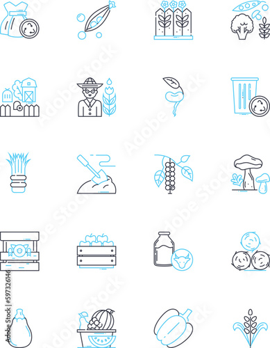 Sustainable farming linear icons set. Agroforestry, Biodiversity, Carbon sequestration, Compost, Conservation, Crop rotation, Drought-resistant line vector and concept signs. Ecology,Efficient