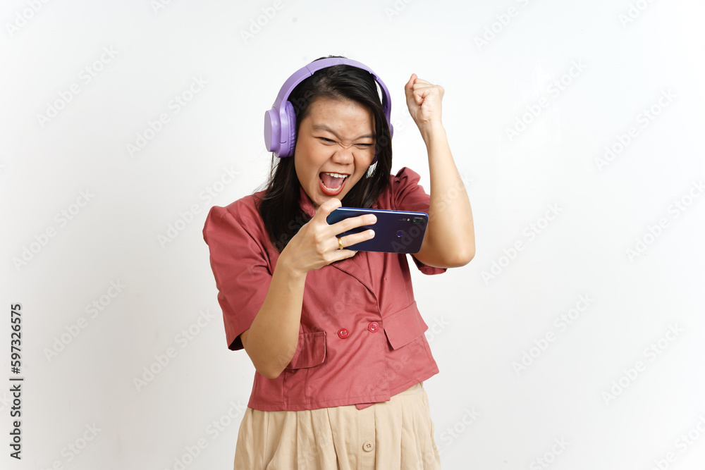 Playing Mobile Game on Smartphone with Headphone Of Beautiful Asian Woman Isolated On White Playing Mobile Game on Smartphone with Headphone Of Beautiful Asian Woman Isolated On White