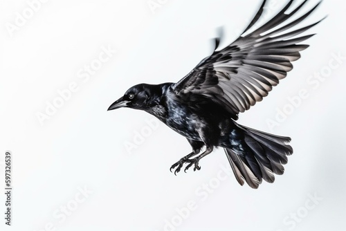 White background with a raven in flight. Beautifully hand-painted. Generative AI