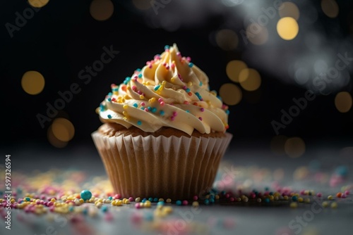 A close-up of a cupcake with frosting and sprinkles. Generative AI