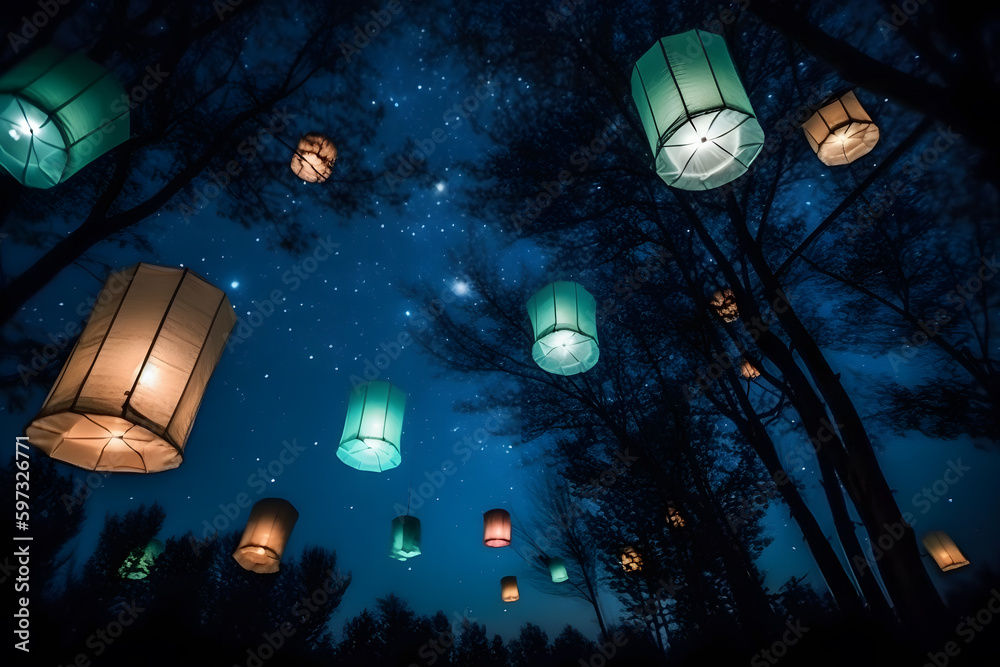 A large group of chinese flying lanterns. Neural network AI generated art Stock Illustration
