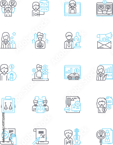 Position and Profile linear icons set. Executive, Manager, Director, Coordinator, Specialist, Analyst, Consultant line vector and concept signs. Advisor,Representative,Agent outline illustrations
