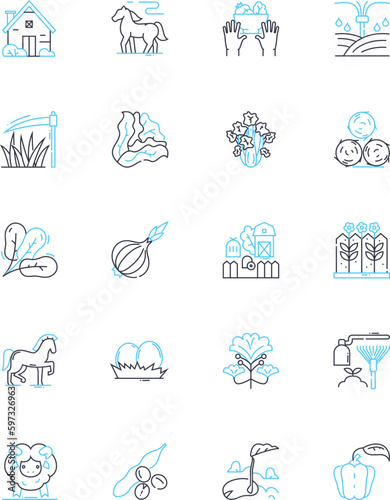 Ranching linear icons set. Cattle, Horses, Grazing, Cowboys, Ranch, Livestock, Pasture line vector and concept signs. Corral,Wrangler,Branding outline illustrations