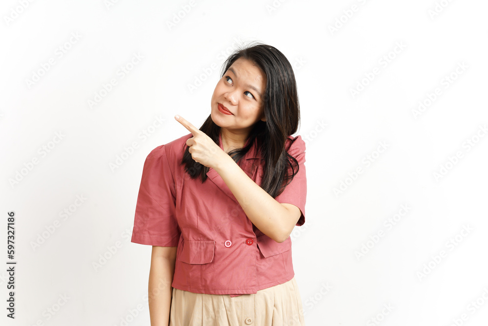 Showing Product and Pointing Side using Forefinger Of Beautiful Asian Woman Isolated On White Showing Product and Pointing Side using Forefinger Of Beautiful Asian Woman Isolated On White