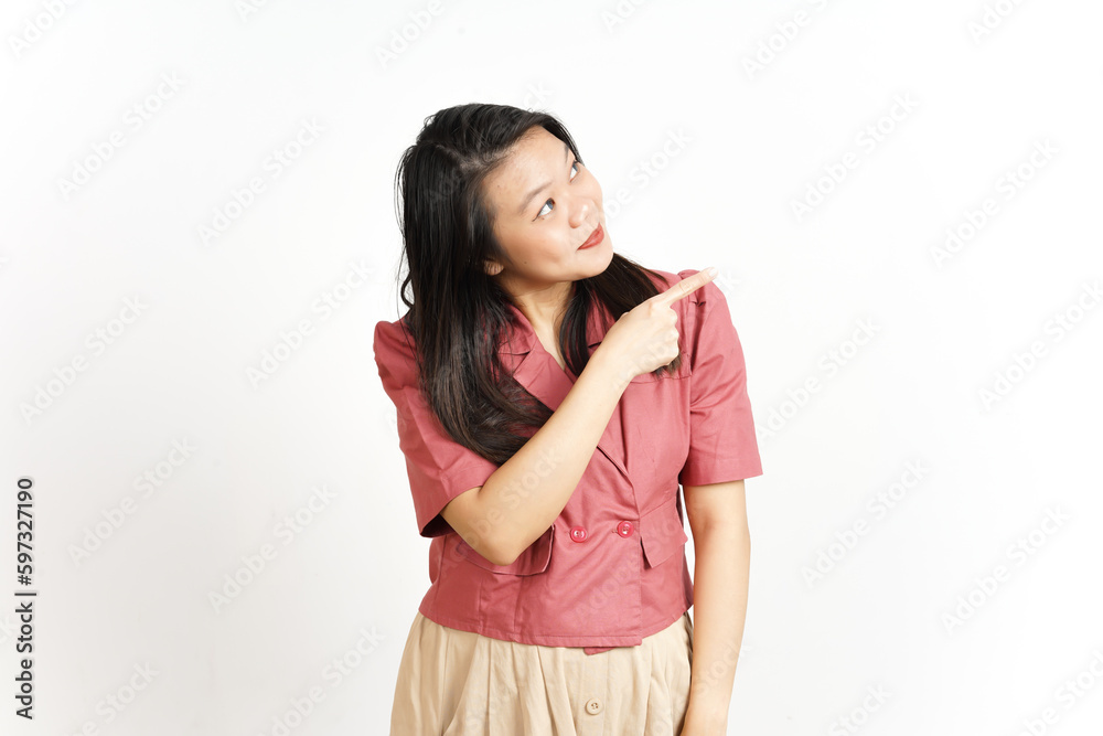 Showing Product and Pointing Side using Forefinger Of Beautiful Asian Woman Isolated On White Showing Product and Pointing Side using Forefinger Of Beautiful Asian Woman Isolated On White