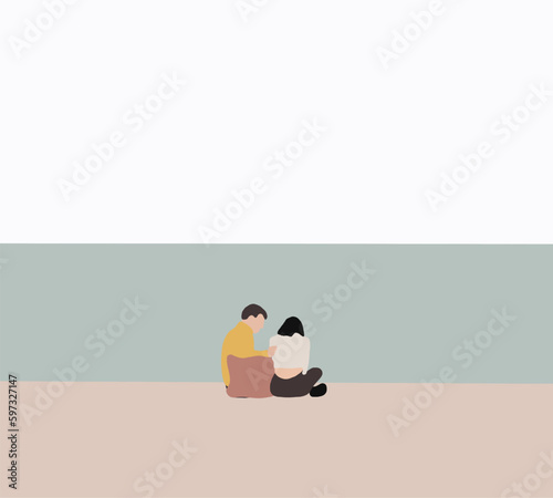 Couple sitting comforts his sad girlfriend having a problem on the riverbank. Concepts of autumn, love, togetherness, relationship.