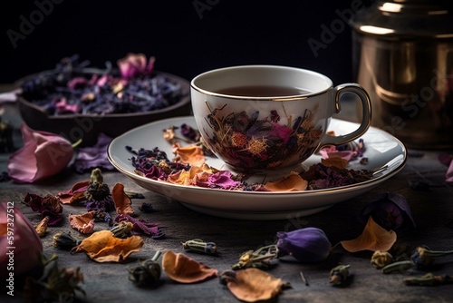 Tea cup with tea and flowers next to one with tea leaves and dried flowers on a table. Beautiful arrangement. Generative AI