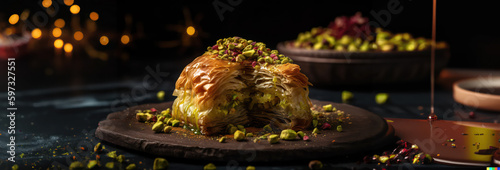 turkish baklava with sugar syrup made of fresh fresh puff pastry as wide banner with copyspace area - Generative AI photo